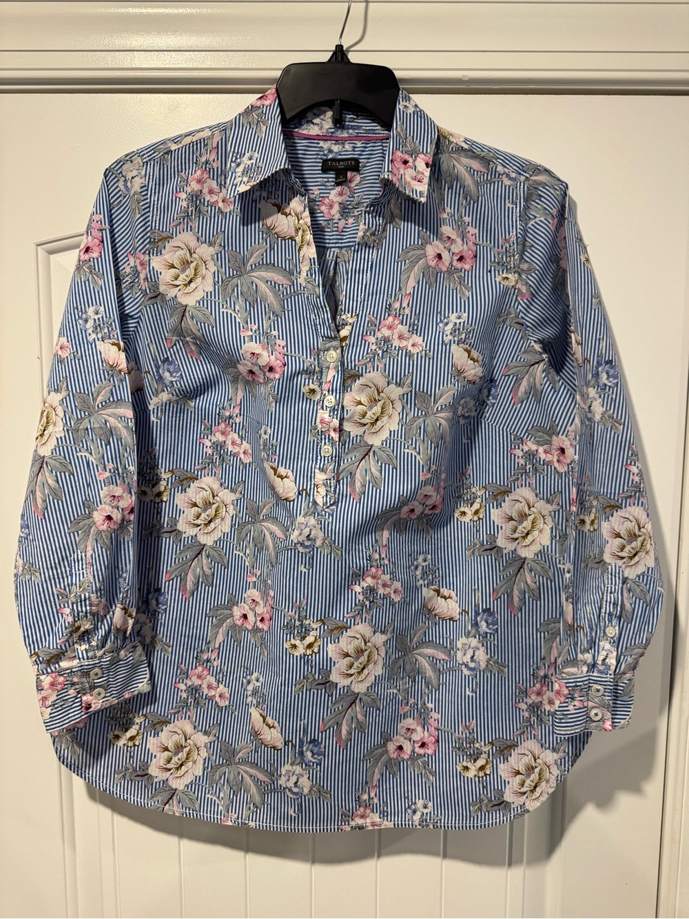 Talbots Blue Striped Floral Button-Up Blouse